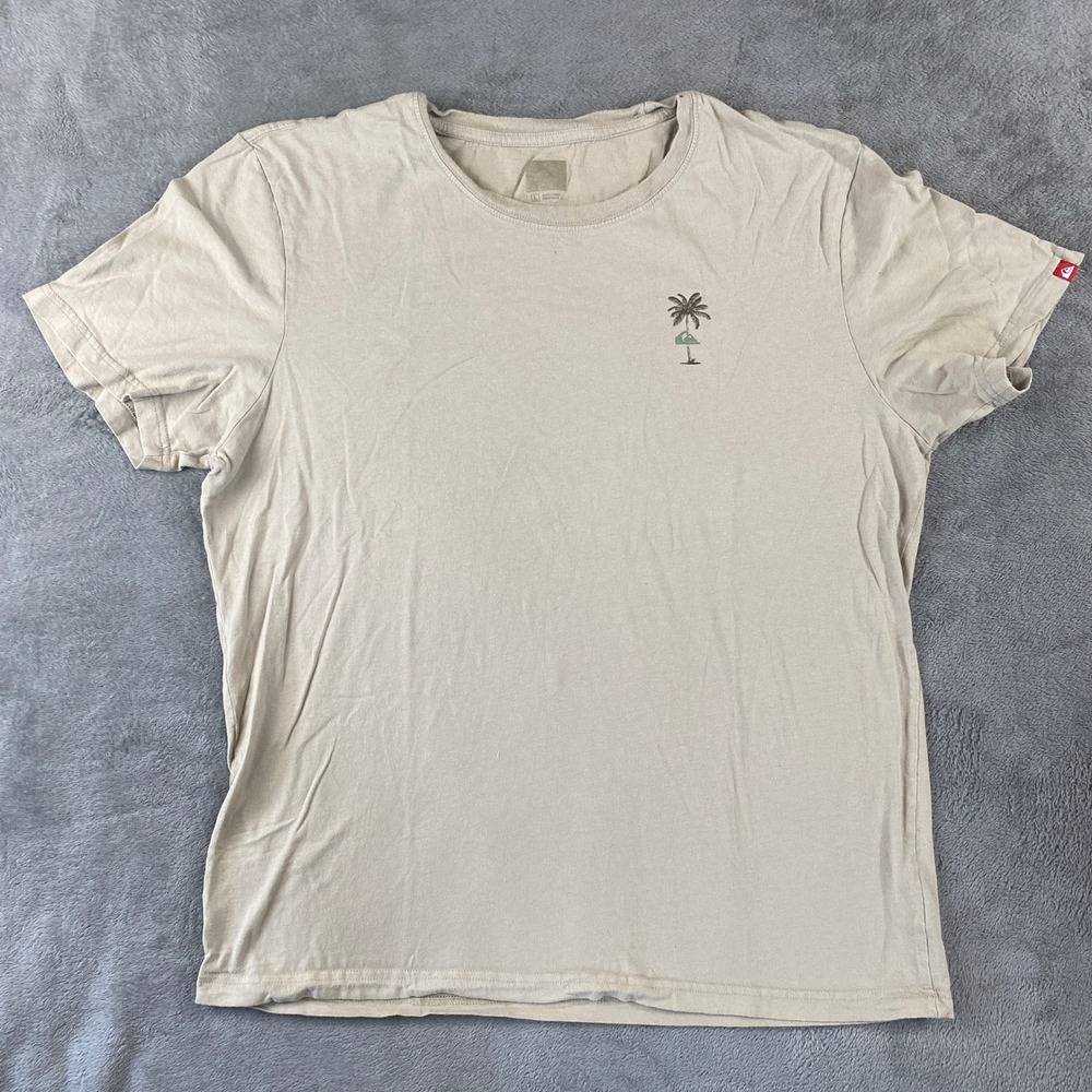 Quiksilver T-Shirt Mens Large Tan Palm Tree Graphic Short Sleeve Surf Tee